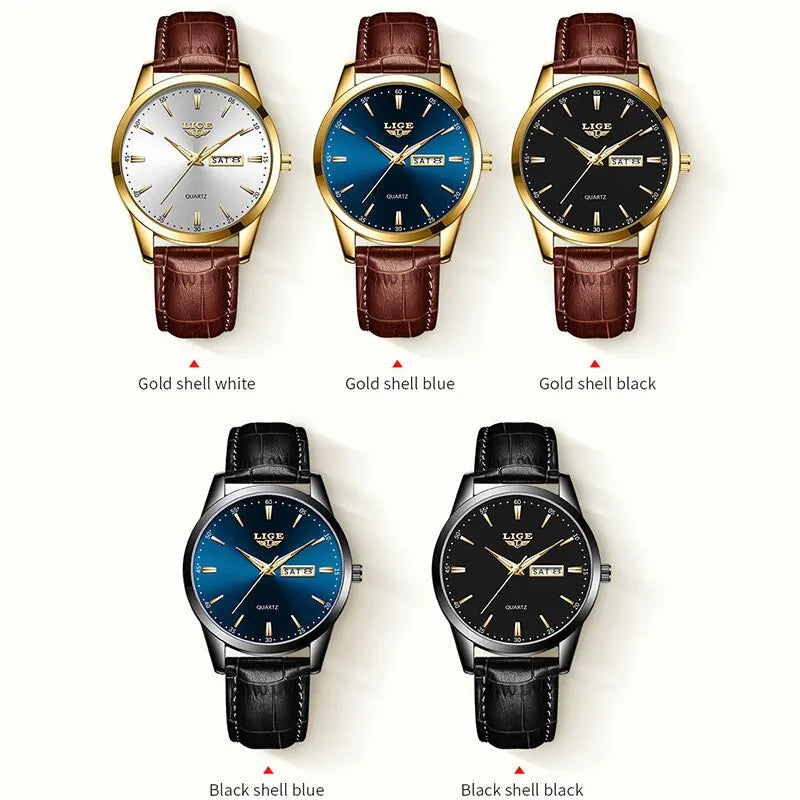 LIGE Fashion Luxury Quartz Watch Leather Strap