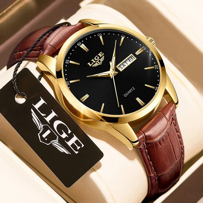 LIGE Fashion Luxury Quartz Watch Leather Strap