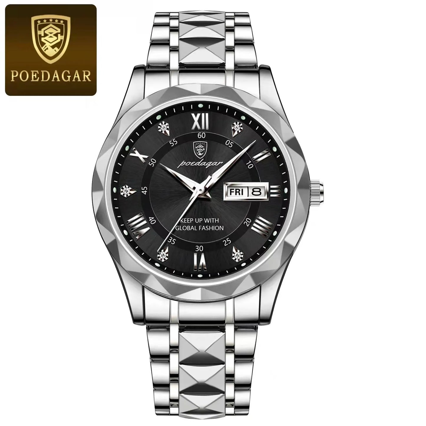 Luxury POEDAGAR Men's Stainless Steel Quartz Watch