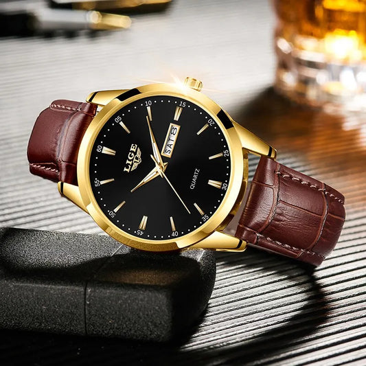 LIGE Fashion Luxury Quartz Watch Leather Strap